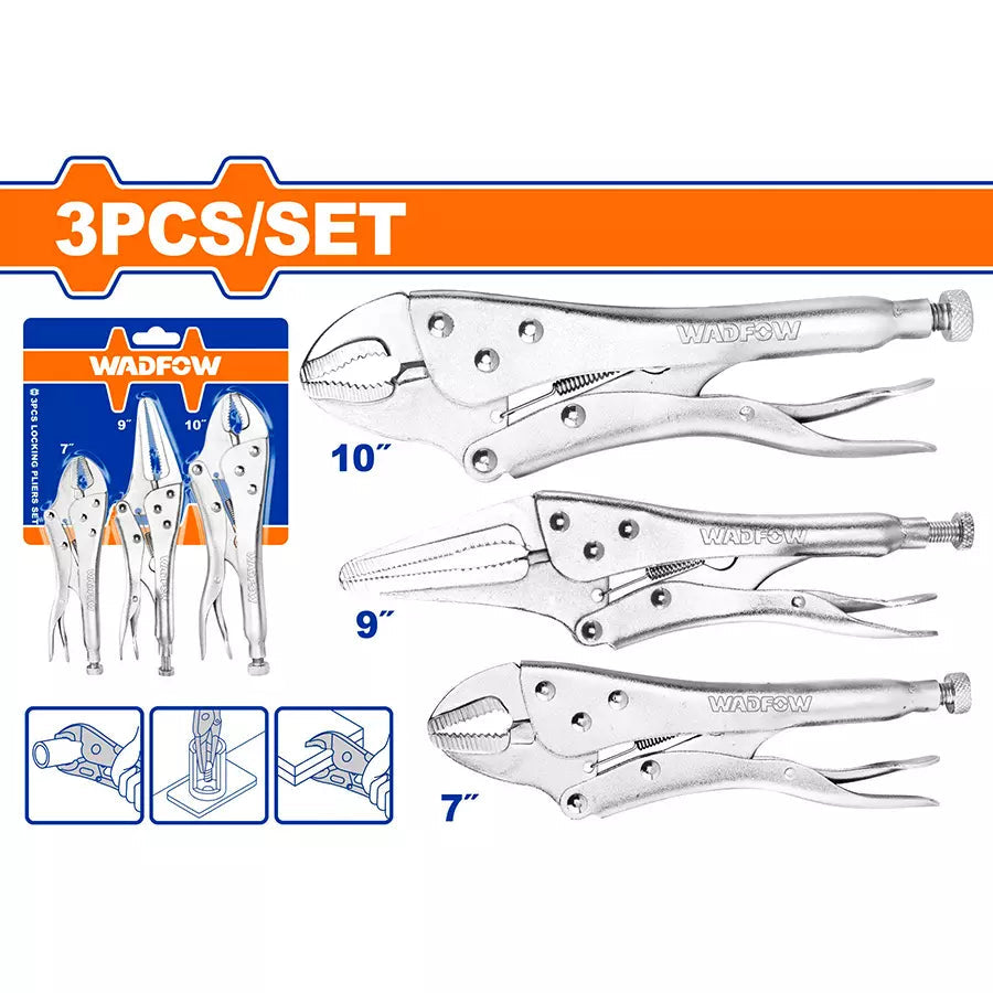 WADFOW 3 Pcs Locking Pliers Set 7 Inch 10 Inch Curved Jaw and 9 Inch Long Nose Vice Grip Kit WLP5703 Wadfow